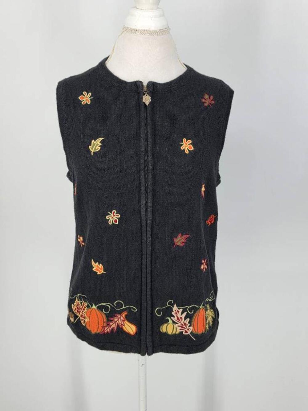 Vintage Breckenridge Womens M Black Fall Pumpkin Embroidered Sweater Vest 90s